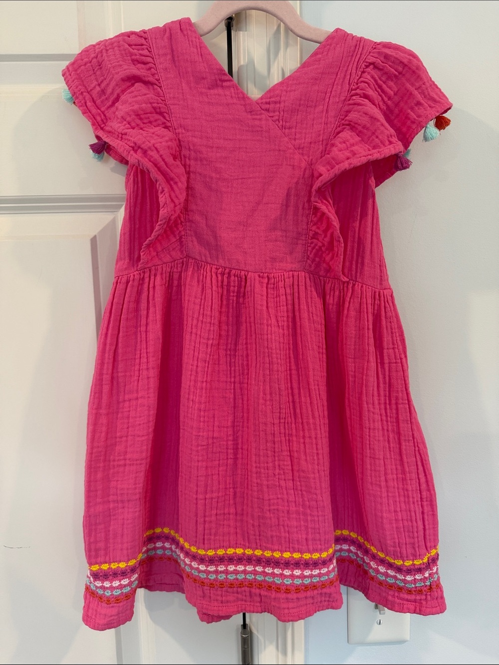 Hatley Hot Pink Cotton Ruffle Dress with Colorful Hem Trim
